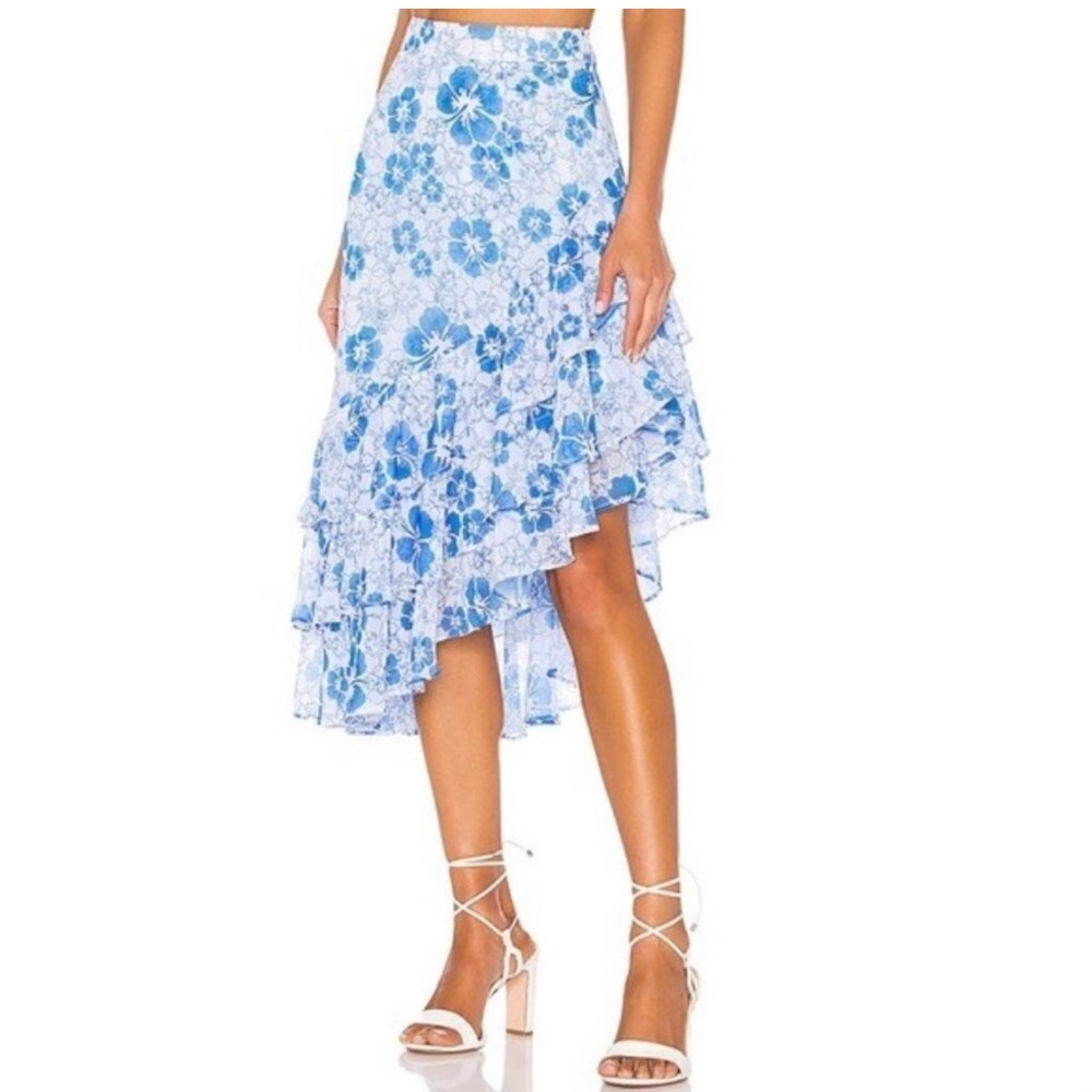 All Things Mochi Blue Ruffled Asymmetrical Floral Midi Layered Skirt Size XL